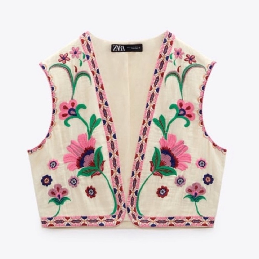 Zara Folk Vest with Pink and Green Floral Embroidery